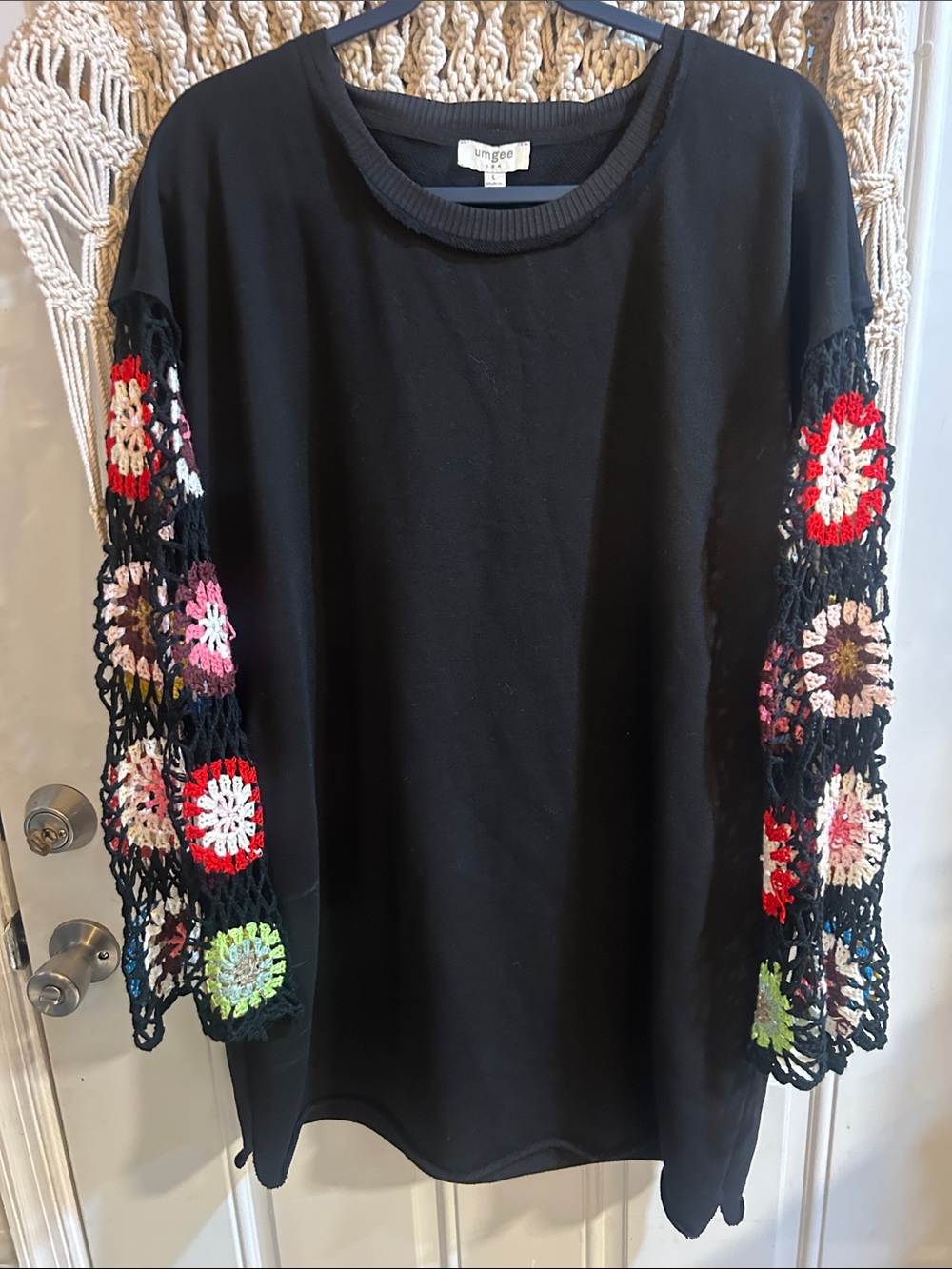 Umgee Black Sweatshirt /or dress with Multicolor Crochet Openwork Sleeves